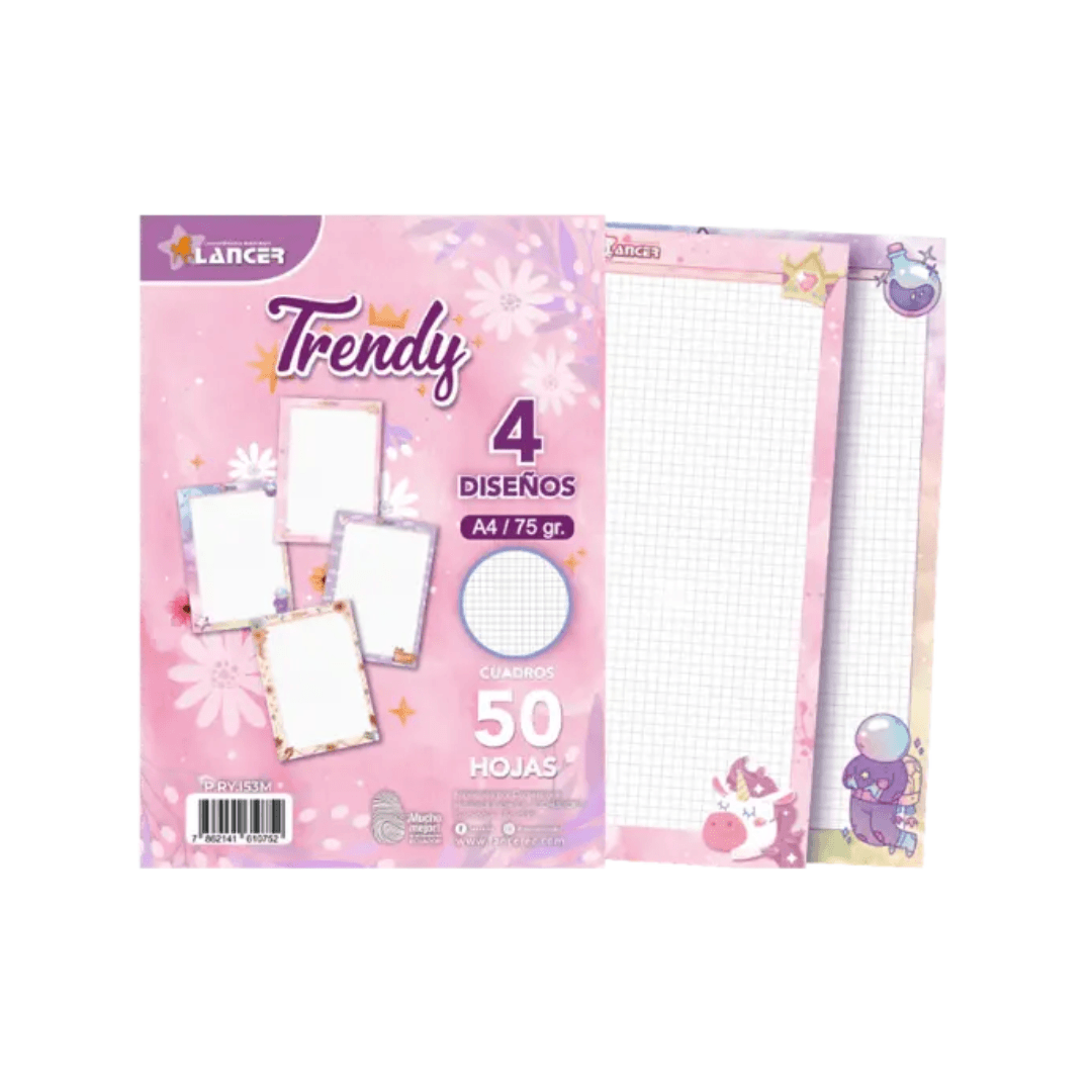 HOJAS A4 CUADROS 75 GRS TRENDY MUJER LANCER X 50 CON DISEÑO (RAYA AZUL)