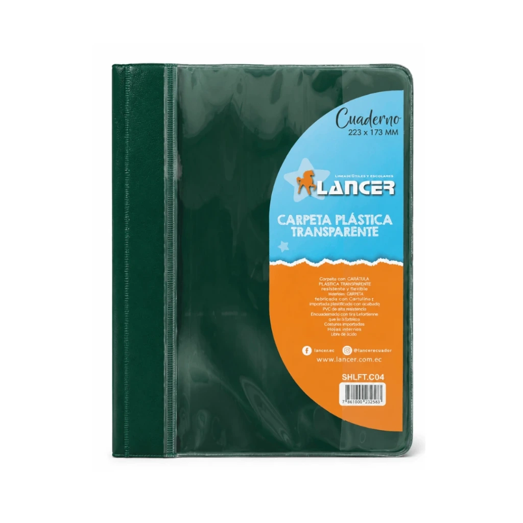 CARPETA CUBIERTA TRANSPARENTE TAMAÑO CUADERNO 223X173MM VERDE OSCURO LANCER