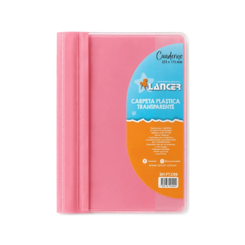 CARPETA CUBIERTA TRANSPARENTE TAMAÑO CUADERNO 223X173MM ROSADO LANCER