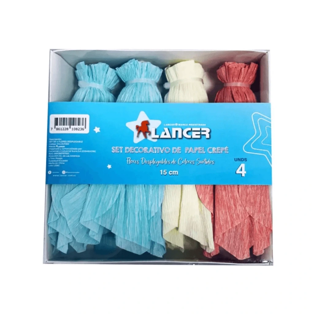 SET DE 4 FLORES DESPLEGABLE DE PAPEL CREPE COLORES SURTIDOS