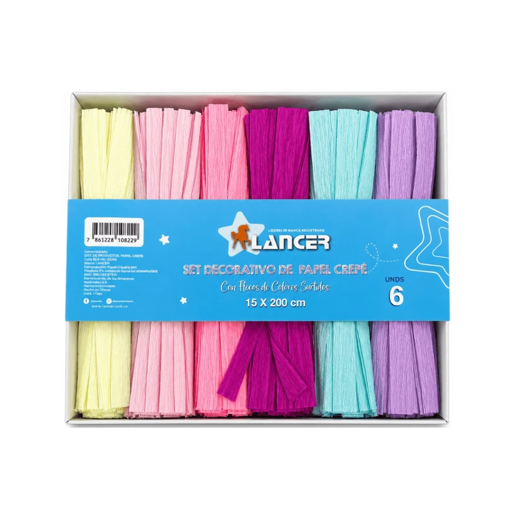 SET DE 6 ROLLOS DE PAPEL CREPE CON FLECOS COLORES SURTIDOS