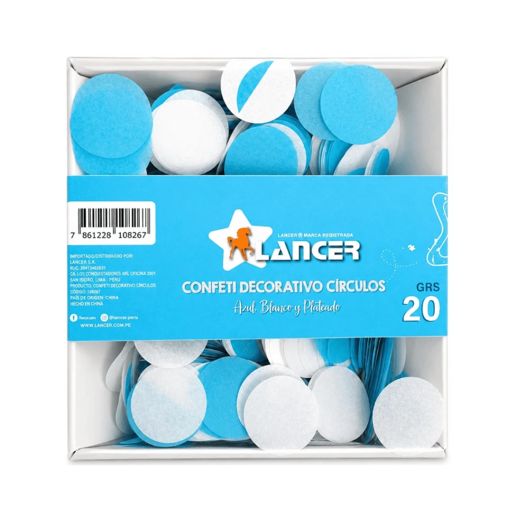 CONFETI DECORATIVO 20GR CIRCULAR AZUL, BLANCO Y PLATEADO