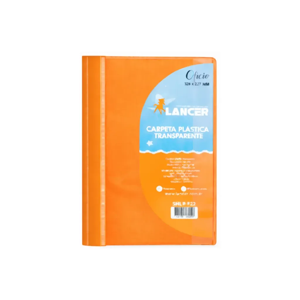 CARPETA CUBIERTA TRANSPARENTE OFICIO NARANJA LANCER 324X227MM