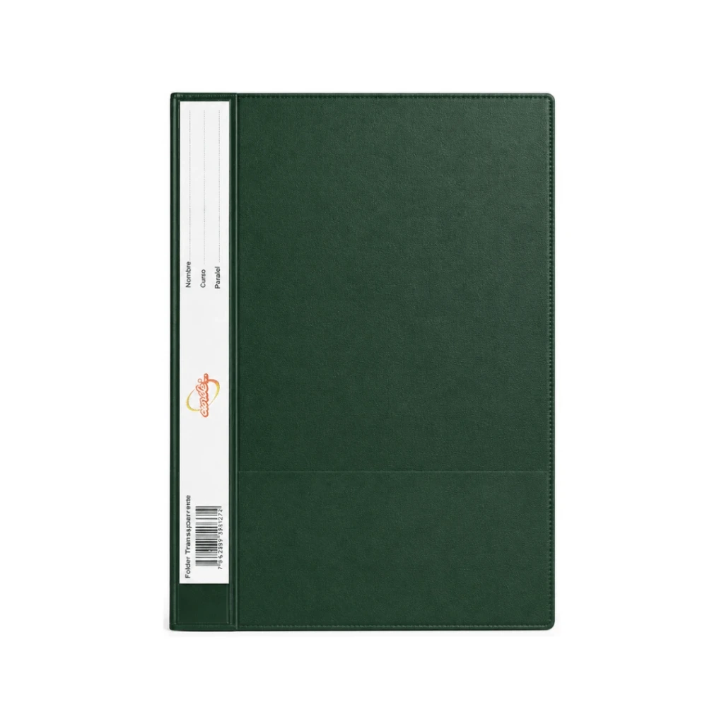 CARPETA CUBIERTA TRANSPARENTE OFICIO VERDE OSCURO ESCRIBE CON VINCHA