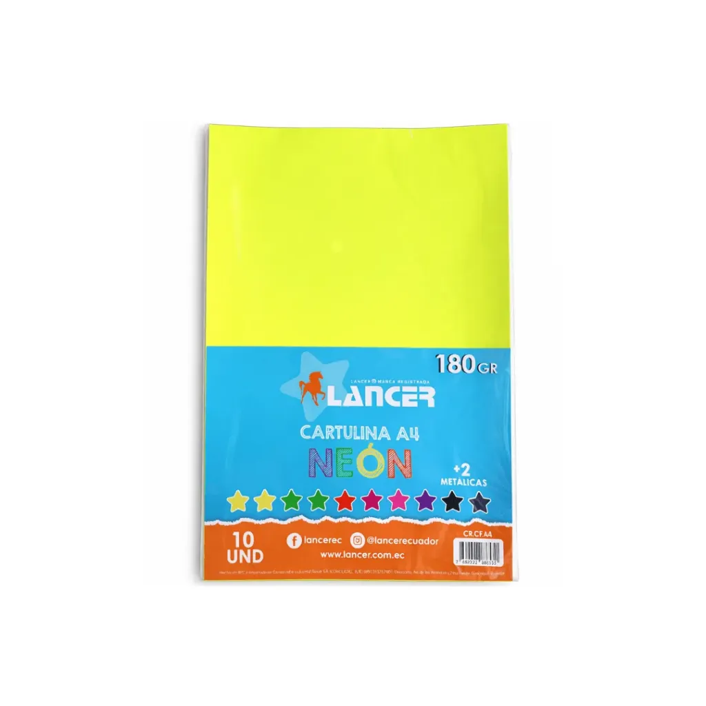 CARTULINA NEON+2 METAL A4 180GR SURTIDA