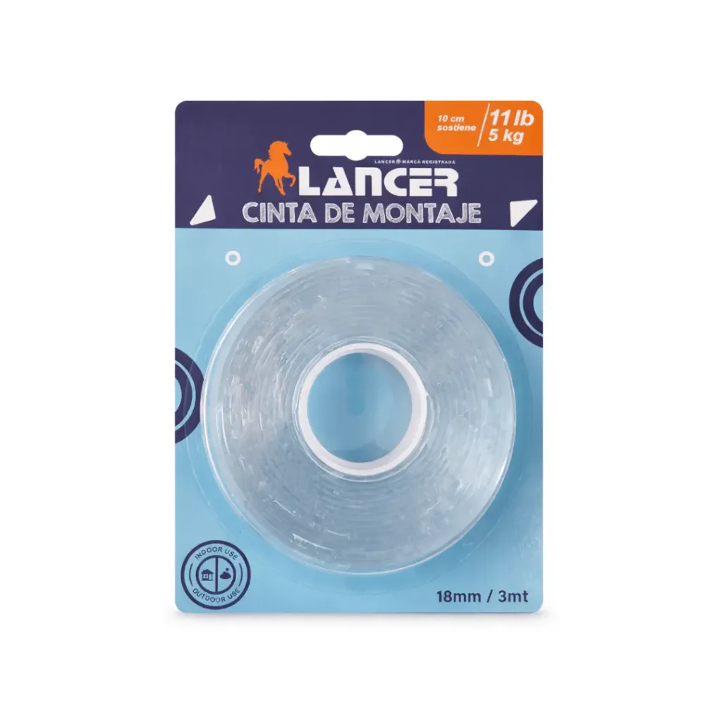 CINTA LANCER DE MONTAJE FILM CLEAR DOBLE CARA 18MM X 3MT X 2MM
