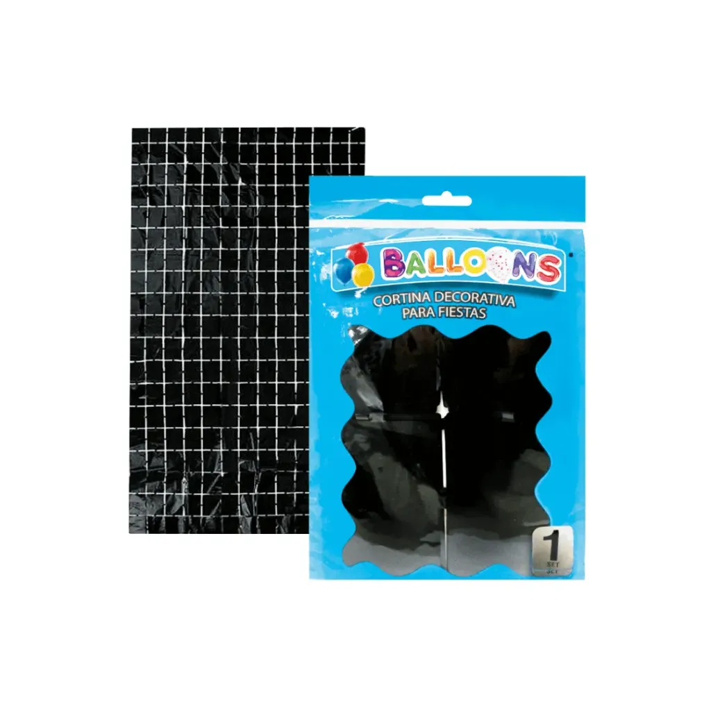 CORTINA DECORATIVA PARA FIESTA CUADROS METALIZADOS NEGRO