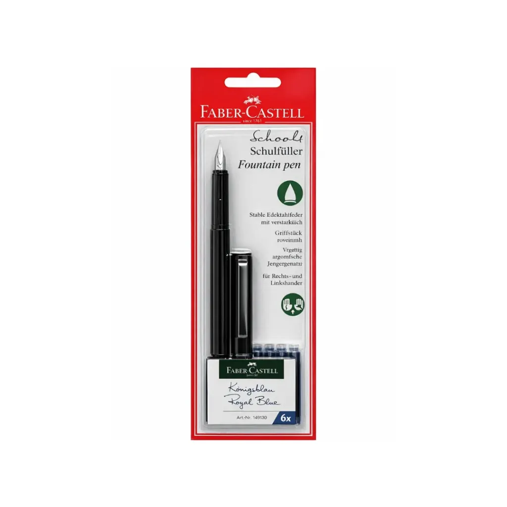 ESTILÓGRAFO FABER ESCOLAR CUERPO NEGRO + 6 CARTUCHOS TINTA COLOR AZUL