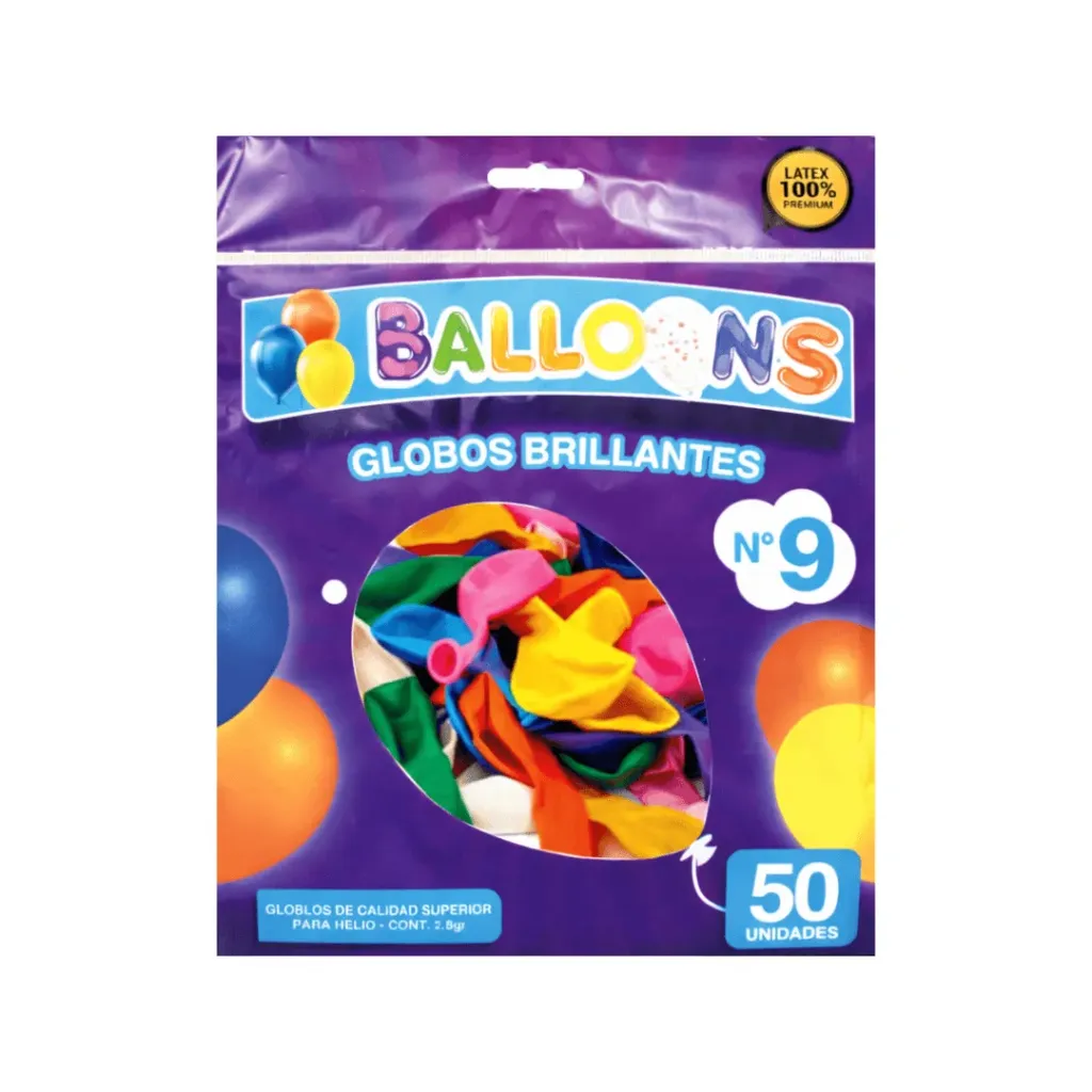 GLOBO DE LATEX #9 BRILLANTE SURTIDO X50 UNIDADES