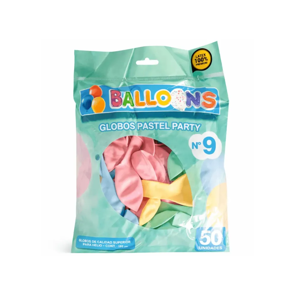 GLOBO DE LATEX #9 PASTEL PARTY SURTIDO X50 UNIDADES