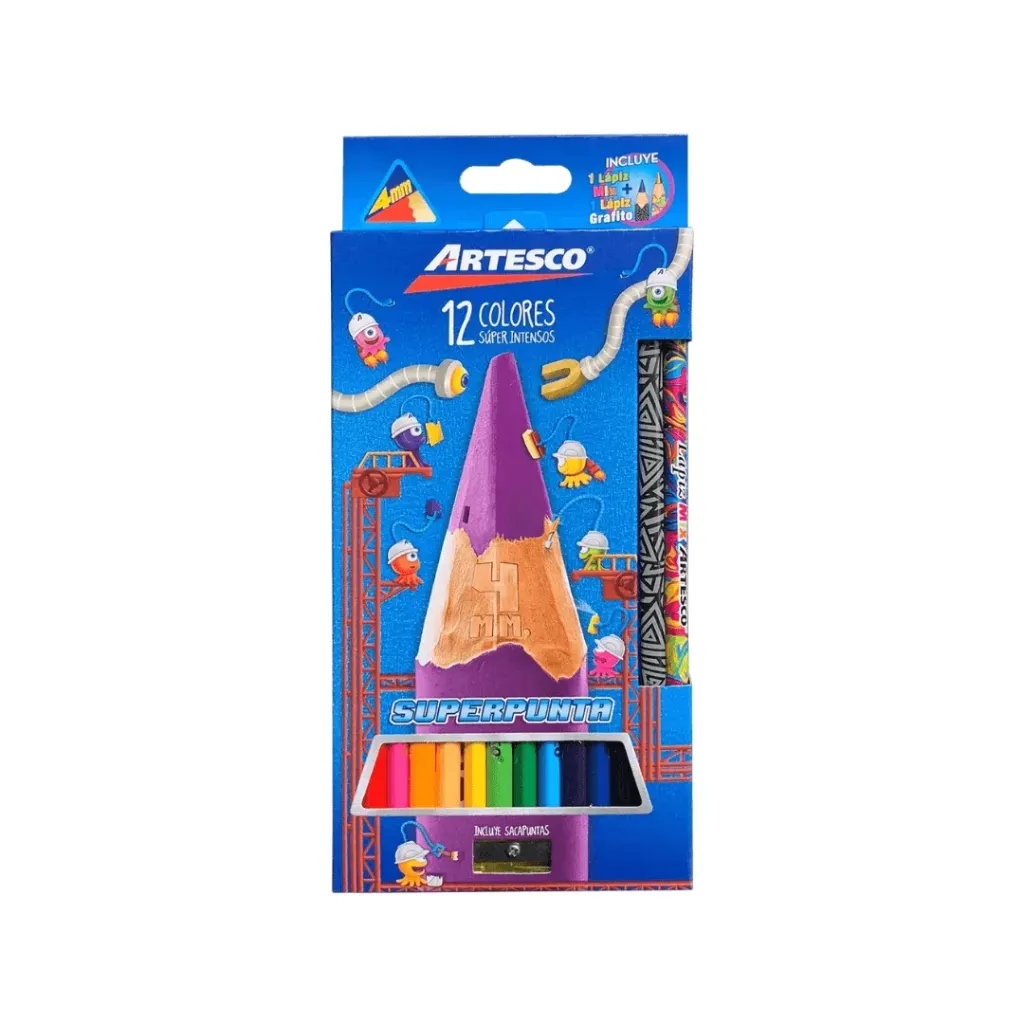 LÁPIZ ARTESCO TRIANGULAR LARGO X 12 COLORES SÚPER PUNTA 4MM CON SACAPUNTA