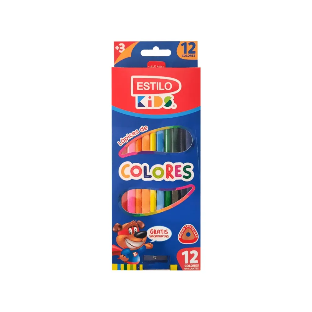LÁPIZ DE COLOR ESTILO KIDS 12 COLORES LARGOS TRIÁNGULAR