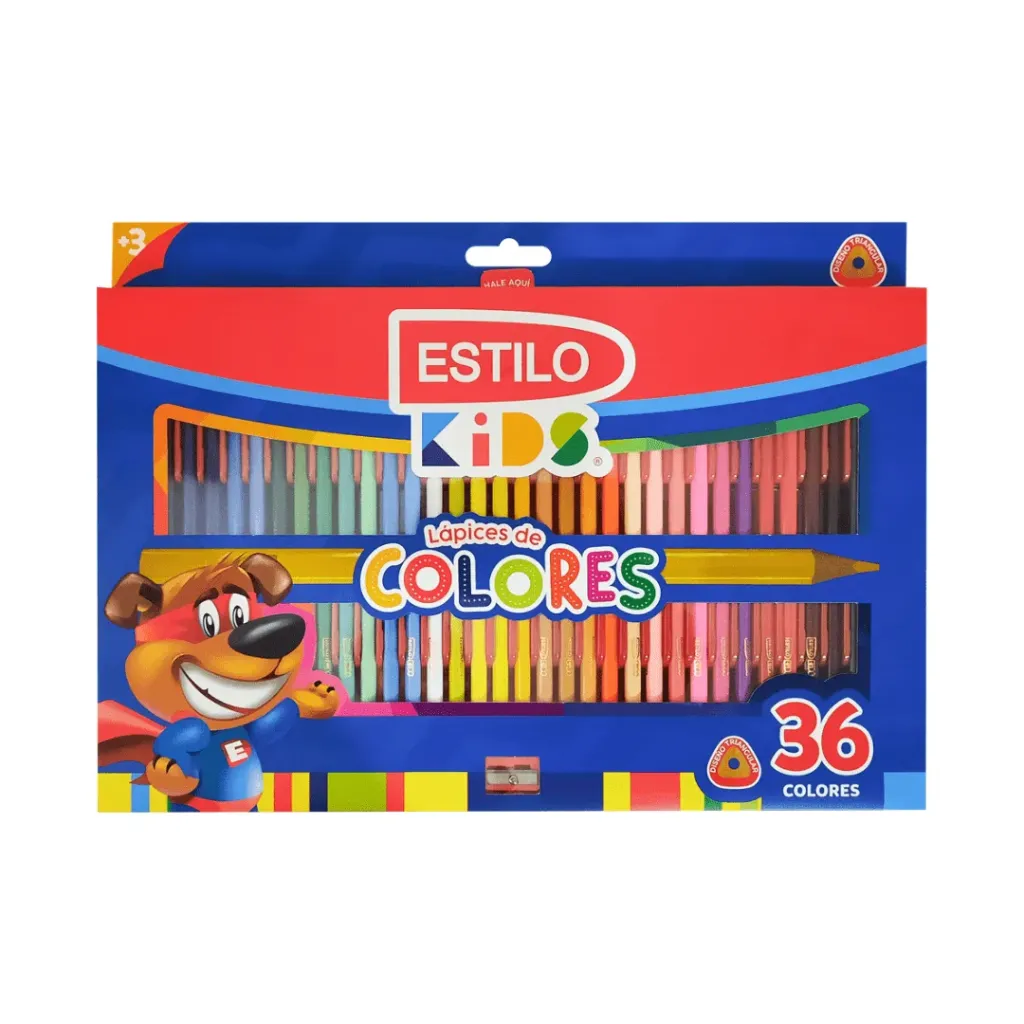 LÁPIZ DE COLOR ESTILO KIDS X36 LARGOS TRIANGULARES + SACAPUNTAS