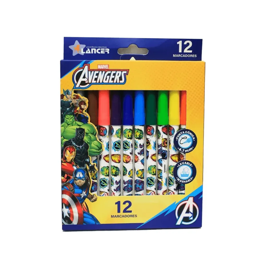 MARCADOR 12 COLORES-AVENGERS PUNTA CONICA 4.7MM