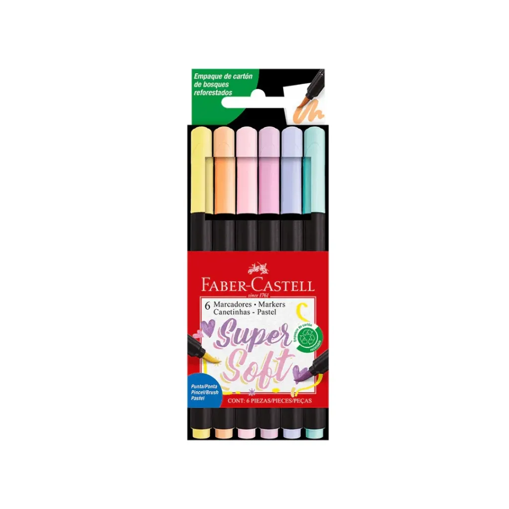 MARCADOR SUPER SOFT CARTÓN X 6 COLORES PASTEL PUNTA PINCEL