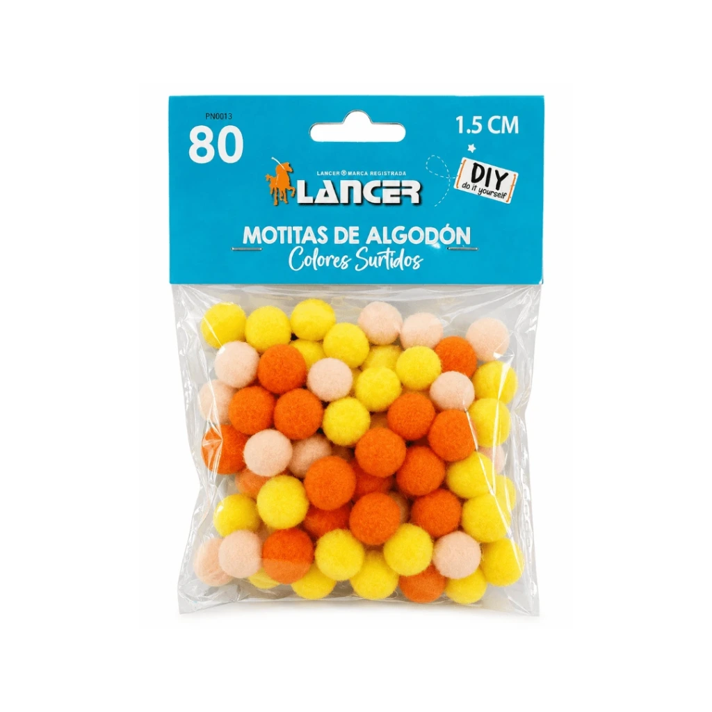 MOTITAS DE ALGODÓN COLORES AMARILLOS SURTIDOS- 1.5CM - 80 UNIDADES