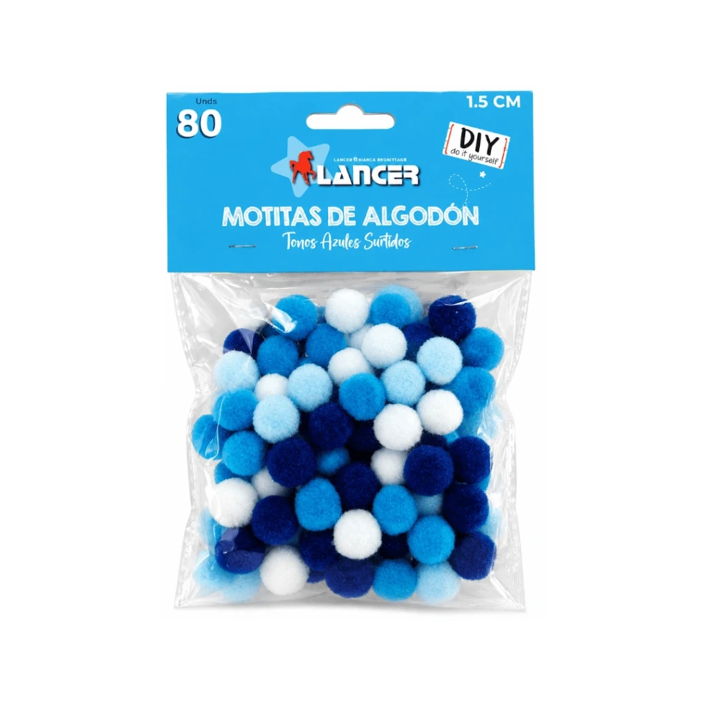 MOTITAS DE ALGODÓN COLORES AZULES SURTIDOS- 1.5CM-80 UNIDADES