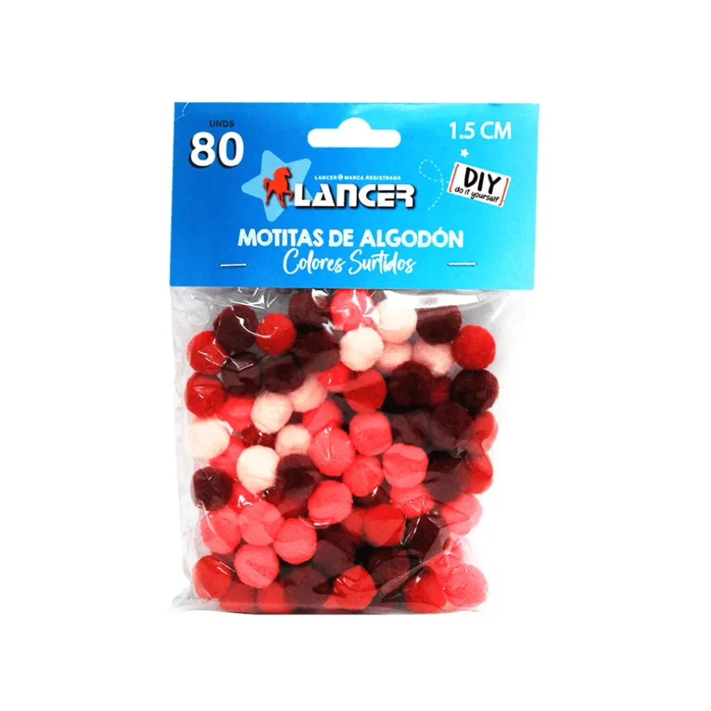 MOTITAS DE ALGODÓN COLORES ROJOS SURTIDOS - 1.5 CM - 80 UNIDADES