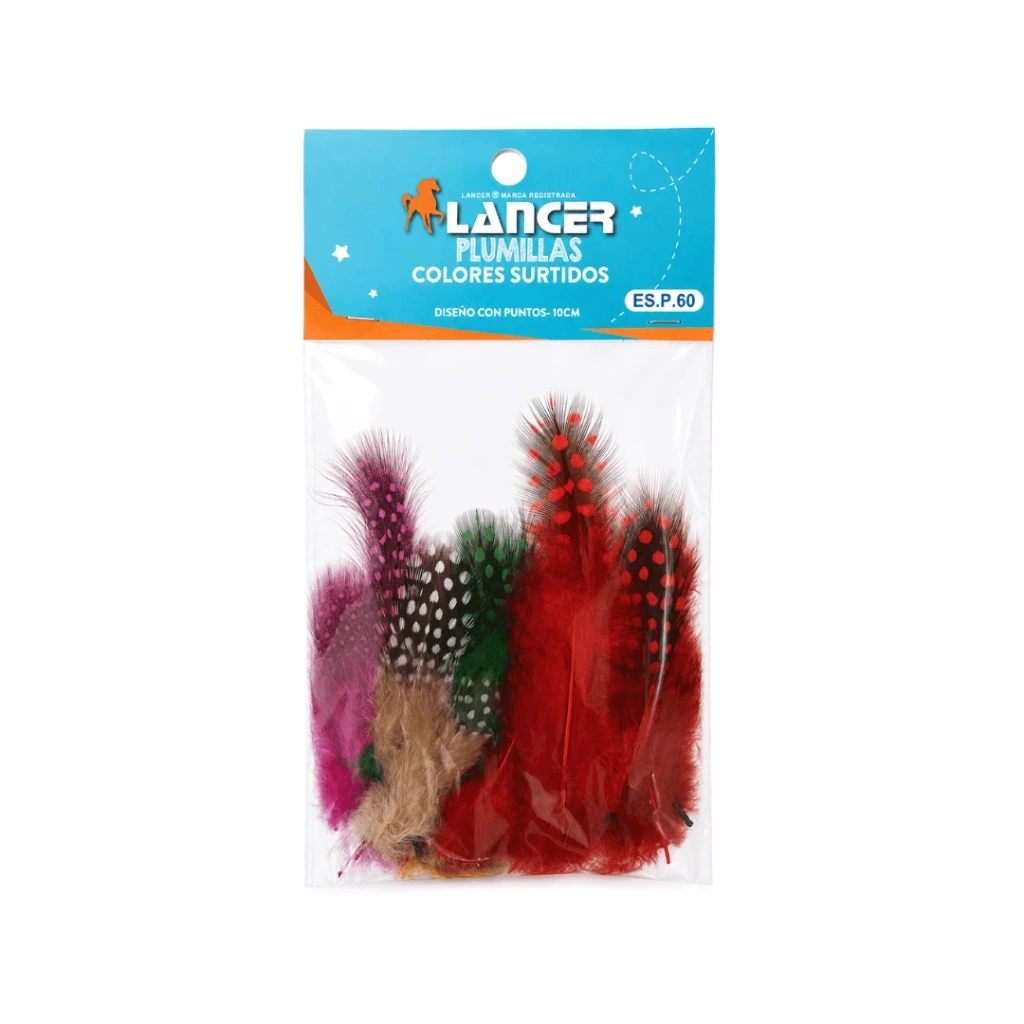 PLUMILLAS COLORES SURTIDOS DISEÑO CON PUNTOS-10CM X 30 UNIDADES ES.P.60 (PLUMAS)
