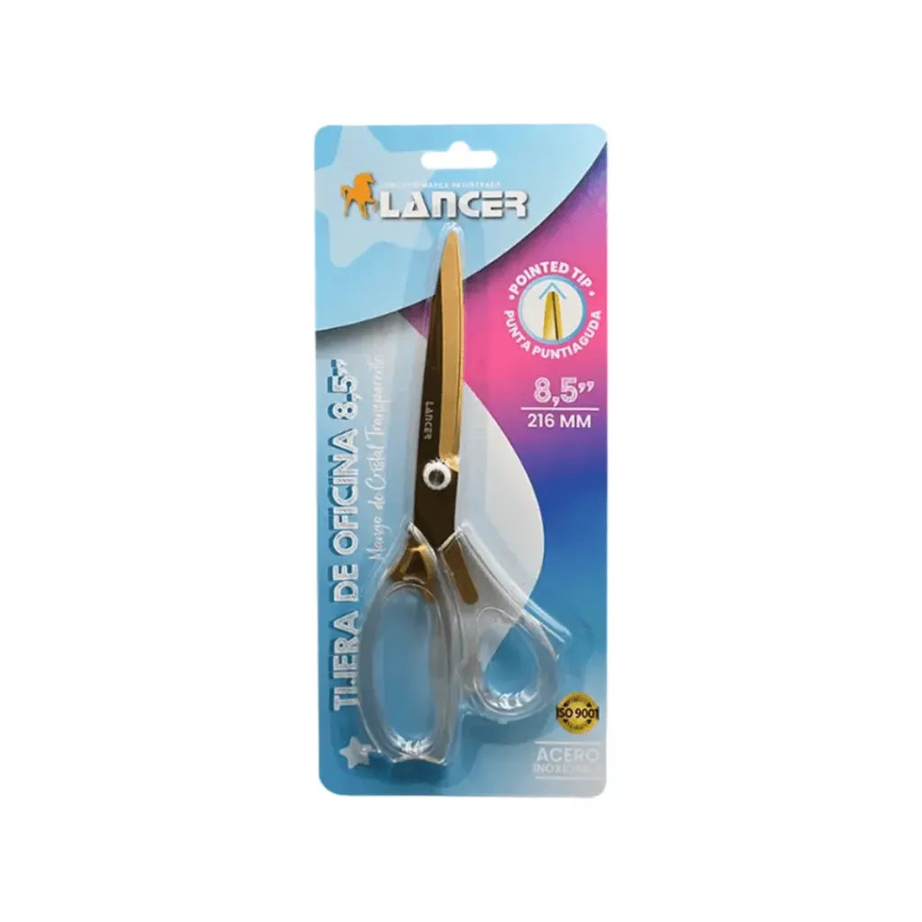 TIJERA DE OFICINA 8.5 CON MANGO DE CRISTAL TRANSPARENTE-HOJA DORADA