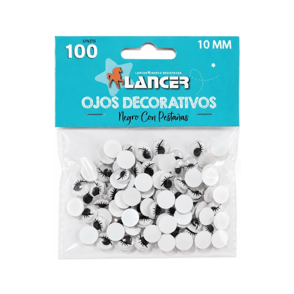 OJOS CON PESTAÑAS NEGRO 10MM - 100 UND